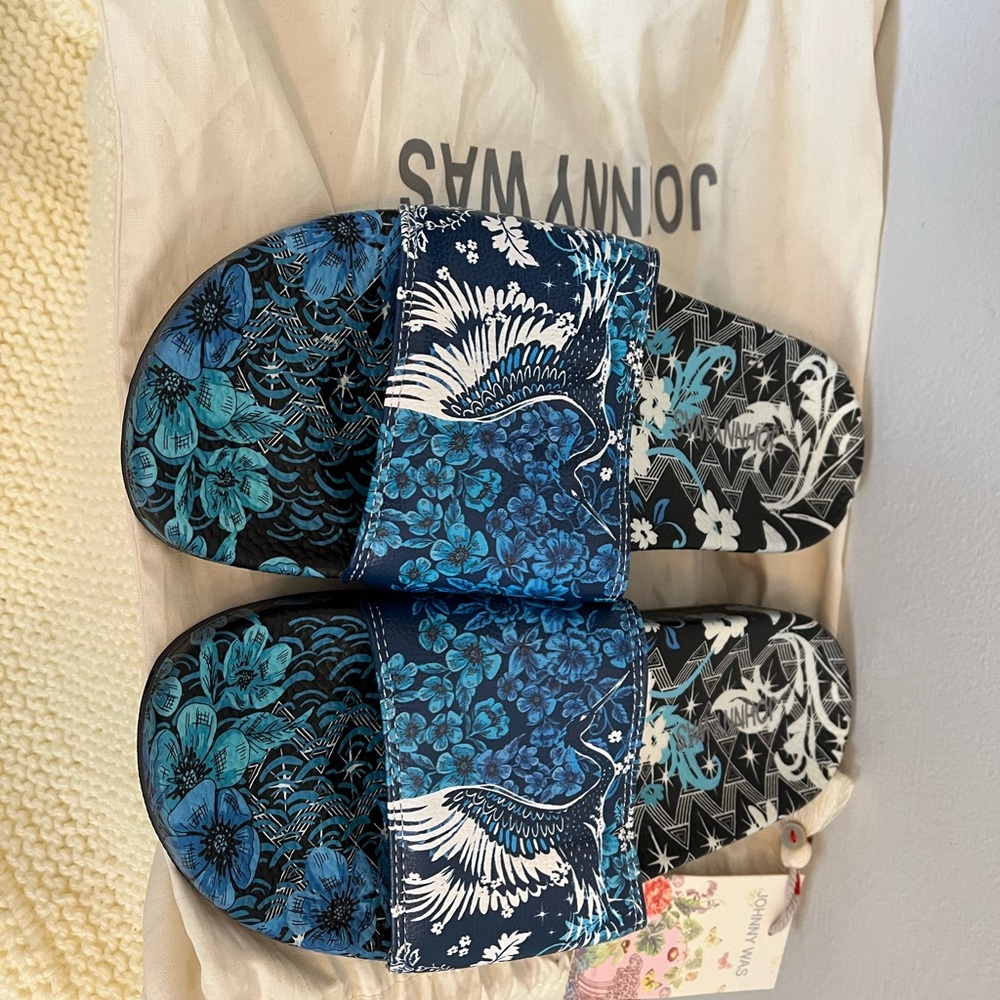 Johnny Was Blue and Black Phoenix Slide Sandals NWT